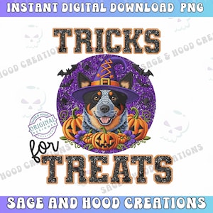 May include: A blue and white Australian Shepherd dog wearing a purple and black witch hat with stars. The dog is surrounded by purple glitter and orange pumpkins. The text "TRICKS for TREATS" is written in black with glitter accents.