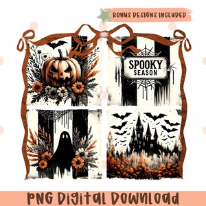 May include: A digital Halloween-themed design featuring four panels. The panels include a jack-o'-lantern, the text "Spooky Season", a ghost, and a haunted castle. The design incorporates black, white, orange, and brown colors, with a decorative ribbon at the top.