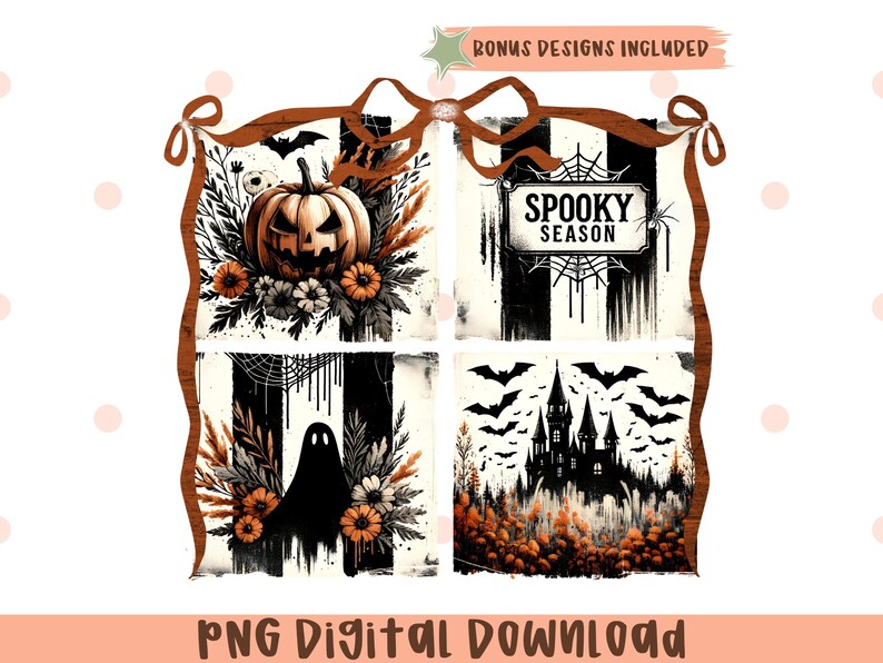 May include: A digital Halloween-themed design featuring four panels. The panels include a jack-o'-lantern, the text "Spooky Season", a ghost, and a haunted castle. The design incorporates black, white, orange, and brown colors, with a decorative ribbon at the top.