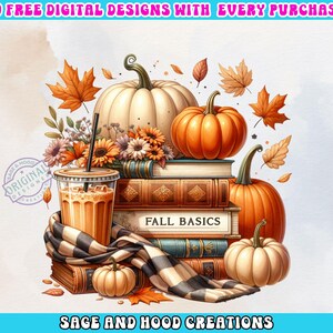 May include: A digital design featuring a stack of books with the text "Fall Basics" on the top book. The books are surrounded by pumpkins, fall leaves, and a cup of coffee.