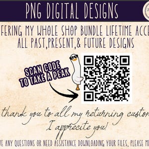 May include: A digital design advertisement with the text "PNG DIGITAL DESIGNS" at the top. The image includes a cartoon goose wearing sunglasses, a QR code, and the text "SCAN CODE TO TAKE A PEAK". The background is a textured beige.