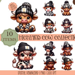 Vache Highland en sublimation numérique téléchargement Png, lot de vache, chapeau imprimé léopard, Art animalier de la ferme, adorable bébé vache, décor de ferme, flanelle de vache