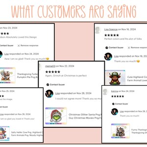 May include: A collage of customer reviews for digital clipart images. The reviews are positive and include five-star ratings. The clipart images include a Thanksgiving turkey, a Grinch, a Christmas Santa, a Highland cow, and a Thanksgiving turkey.