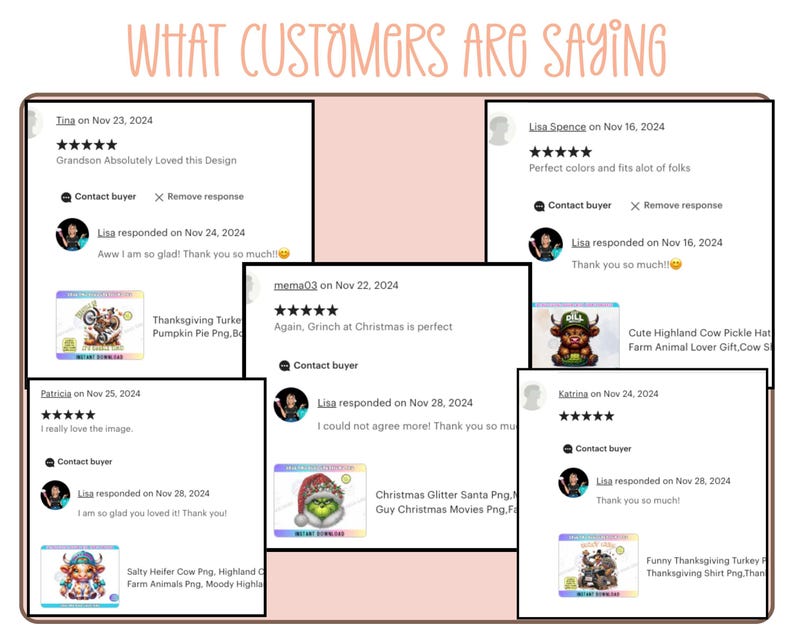 May include: A collage of customer reviews for digital clipart images. The reviews are positive and include five-star ratings. The clipart images include a Thanksgiving turkey, a Grinch, a Christmas Santa, a Highland cow, and a Thanksgiving turkey.