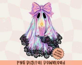 Puede incluir: Ilustración digital de un fantasma con un gran lazo morado y una vela. El fantasma está cubierto con una tela iridiscente con ribete de encaje negro. Incluye el texto "PNG Digital Download".