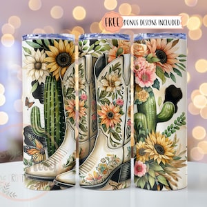 Western Cowgirl Boots Tumbler Wrap, 20 oz Skinny Tumbler Sublimation Design Wrap, Digital Download, Straight Design PNG, Cactus & Flowers