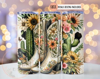 Western Cowgirl Boots Tumbler Wrap, 20 oz Skinny Tumbler Sublimation Design Wrap, Digital Download, Straight Design PNG, Cactus & Flowers