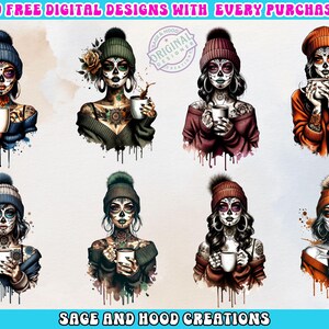 Zuckerschädel Frau Png, Herbst Kaffee Liebhaber, Dia de los Muertos Tattoo Ästhetischer Dekor, Boho Goth Download, Sublimationsdesign
