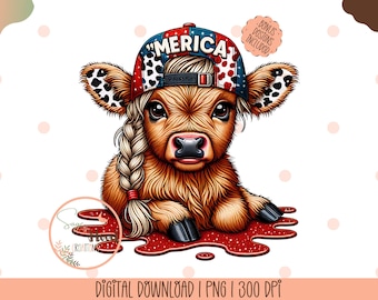 July 4th Highland Cow PNG,Merica Heifer Funny Cute Baby Cow Fourth Of July Sublimation Design,Trendy America USA Popular PNG,4th of July Png