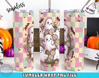 May include: A sublimation design for a tumbler featuring a checkered background in pink and yellow with a circle of cute ghosts and daisies. The text "seamless" is in the top left corner and "Tumbler Wrap PNG File" is at the bottom.