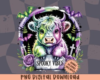Straszna krowa szkocka Halloween PNG: Neonowa dynia Clipart (Pobieranie cyfrowe)