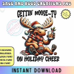 Alce engraçado de Natal PNG, Alce com chapéu de Papai Noel para download digital, Obtendo Alce-ty, Clipart de Alce de Natal para designs de sublimação, Camiseta de Alce Png