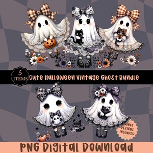 Op de afbeelding: Digitale illustratie met vijf schattige vintage geesten, elk met strikken, jurken en zwarte katten. De geesten zijn omringd door bloemen en pompoenen. De tekst luidt "Cute Halloween Vintage Ghost Bundle" en "PNG Digital Download".