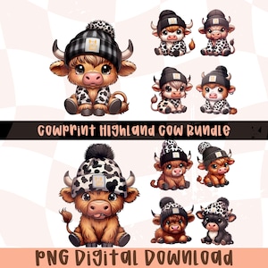 May include: A digital download graphic featuring several cartoon Highland cows. The cows are depicted in various poses, wearing hats and patterned clothing. The text "COWPRINT HIGHLAND COW BUNDLE" and "PNG DIGITAL DOWNLOAD" are also present.