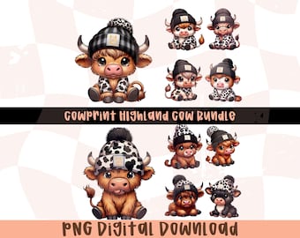 May include: A digital download graphic featuring several cartoon Highland cows. The cows are depicted in various poses, wearing hats and patterned clothing. The text "COWPRINT HIGHLAND COW BUNDLE" and "PNG DIGITAL DOWNLOAD" are also present.