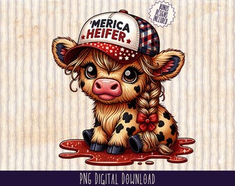July 4th Highland Cow PNG,Merica Heifer Funny Cute Baby Cow Fourth Of July Sublimation Design,Trendy America USA Popular PNG,4th of July Png
