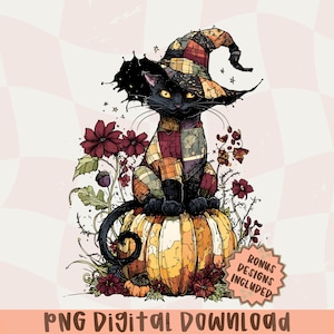 Puede incluir: Ilustración digital de un gato negro con un sombrero de bruja de retazos, sentado sobre una calabaza. El gato está rodeado de flores y follaje de color burdeos. La imagen incluye el texto "PNG Digital Download" y una pegatina "Bonus Designs Included".