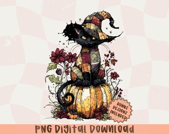 Halloween Black Cat Pumpkin PNG: Patchwork Witch Hat, Floral Fall Design (Digital Download