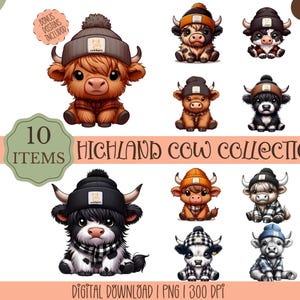 Süße Highland Kuh PNG, Kawaii Kuh Clipart, Herbst Mütze Hut, Bauernhof Tier Kunst, entzückende Baby Kuh Aufkleber, Bauernhausdekor, digitaler Download