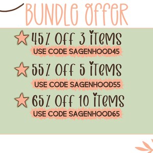 May include: A graphic advertising a bundle offer, with the words "BUNDLE OFFER" in pink. It details discounts: 45% off 3 items, 55% off 5 items, and 65% off 10 items, each with a unique code.