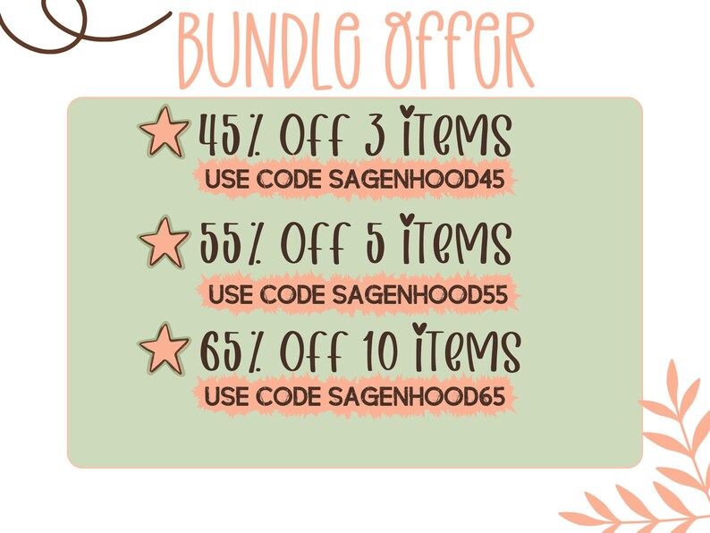 May include: A graphic advertising a bundle offer, with the words "BUNDLE OFFER" in pink. It details discounts: 45% off 3 items, 55% off 5 items, and 65% off 10 items, each with a unique code.