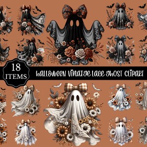 Könnte beinhalten: Eine Sammlung von 18 Halloween-Geister-Cliparts. Die Geister sind in verschiedenen Stilen dargestellt, einige mit Spitzendetails, Schleifen und Blumengestecken. Die Farbpalette umfasst Schwarz, Weiß, Orange und Braun. Der Text auf dem Bild lautet "Halloween Vintage Lace Ghost Clipart".