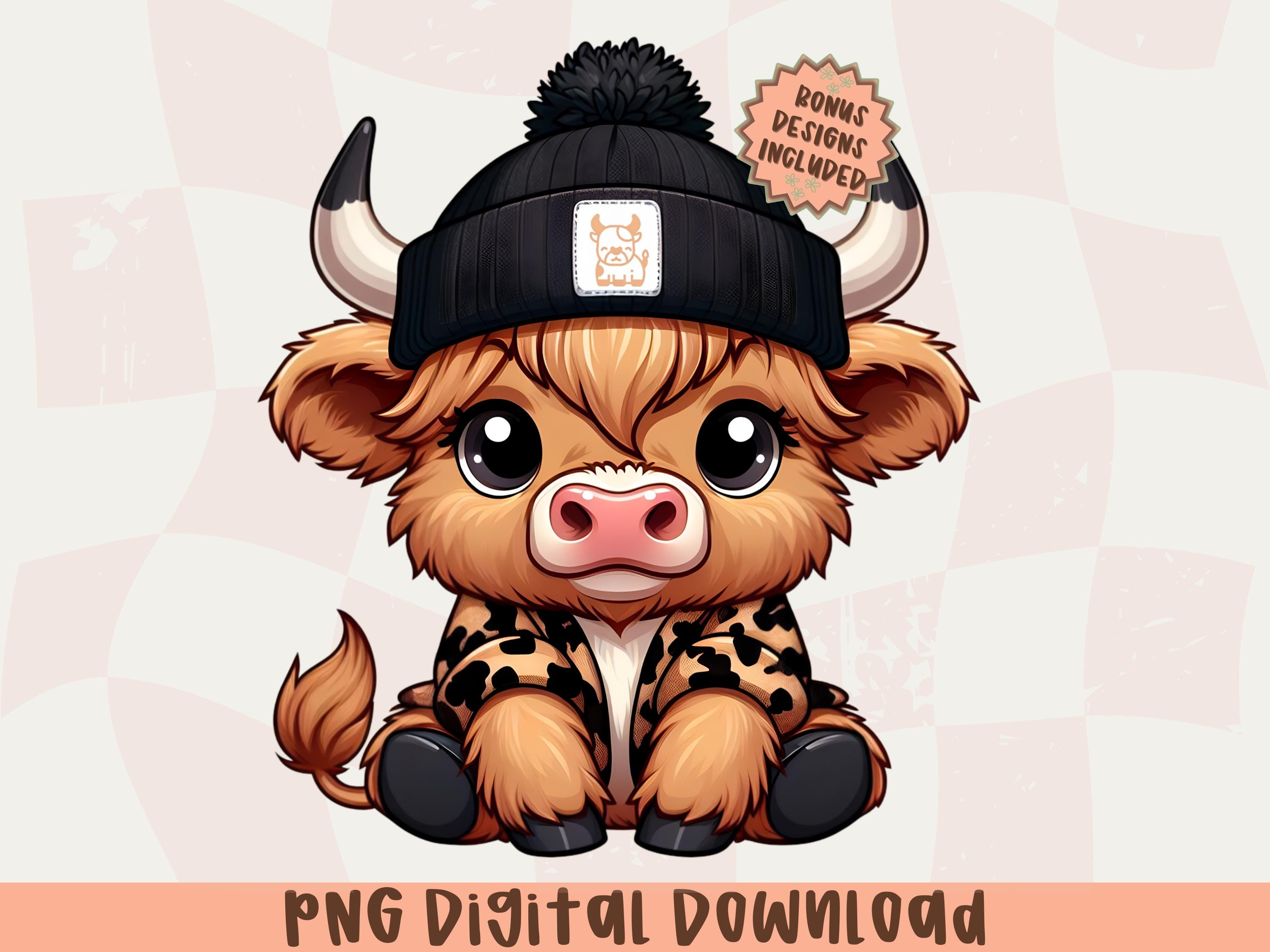 Cute Baby Highland Cow PNG, Kawaii Cow Clipart,beanie Hat, Farm Animal ...