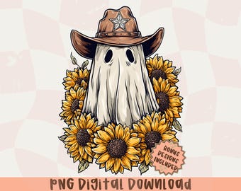 Cowboy Ghost PNG Digital Download,Western Halloween Sublimation Design,Ghost with Cowboy Hat and Sunflowers,Spooky Cute Country Fall Clipart