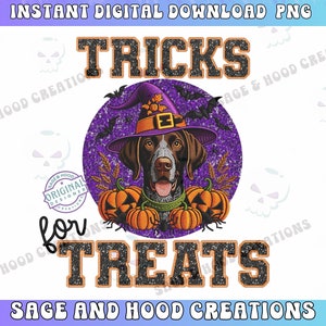 May include: A purple and black glitter background with a German Shorthaired Pointer wearing a witch hat and holding pumpkins. The text "TRICKS for TREATS" is in black glitter letters.