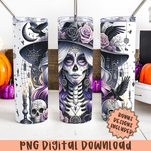 Emballage de gobelet skinny 20 oz le jour des morts, têtes de mort, tête de mort en sucre PNG, sublimation florale gothique, gobelet d'Halloween Png, roses noires