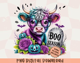 Upiorny sezon Halloween Highland Cow Png, Uroczy projekt sublimacji krowy na Halloween, Neonowe Halloween Graveyard Digital Download, Koszulka Boo Season