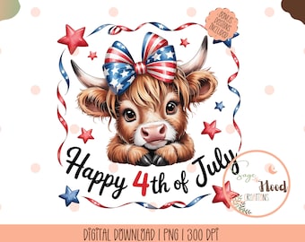 July 4th Highland Cow PNG,Merica Heifer Funny Cute Baby Cow Fourth Of July Sublimation Design,Trendy America USA Popular PNG,4th of July Png