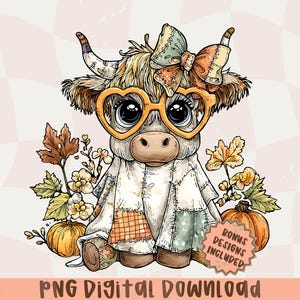 May include: A digital illustration of a cartoon cow wearing heart-shaped glasses and a patchwork outfit. The cow has a bow, horns, and is surrounded by fall foliage and pumpkins. The image includes the text "PNG Digital Download".