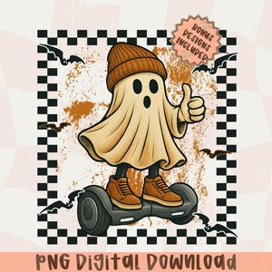 May include: A cartoon ghost wearing a brown beanie and trainers, riding a hoverboard, giving a thumbs up. The image has a grunge background with bats and a checkerboard border. Text at the bottom reads "PNG Digital Download."