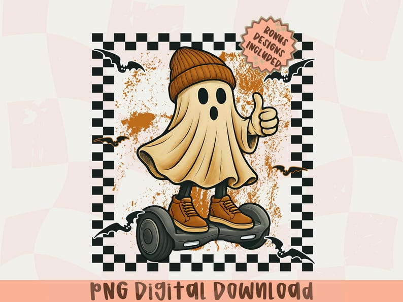 May include: A cartoon ghost wearing a brown beanie and trainers, riding a hoverboard, giving a thumbs up. The image has a grunge background with bats and a checkerboard border. Text at the bottom reads "PNG Digital Download."