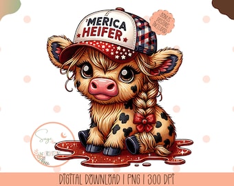 July 4th Highland Cow PNG,Merica Heifer Funny Cute Baby Cow Fourth Of July Sublimation Design,Trendy America USA Popular PNG,4th of July Png