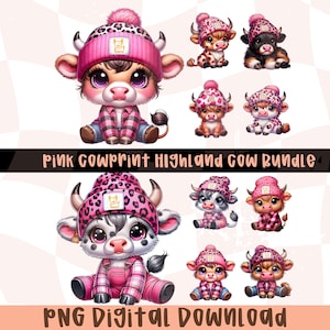 Cute Pink Highland Cow PNG,Kawaii Cows Clipart,Pink Cow Print Png,Farm Animal Art,Baby Cow Png,Country Cow Clipart,Cow Bundle Digital Png