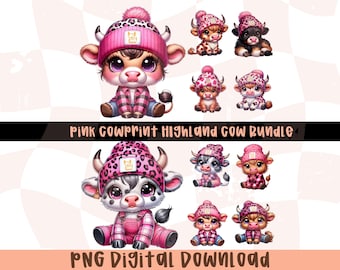 Cute Pink Highland Cow Clipart, Farm Animal PNG (Digital Download)