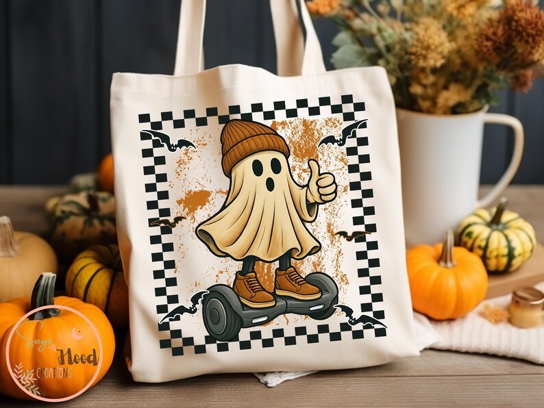 May include: Cream tote bag with a cartoon ghost on a hoverboard, wearing a beanie and trainers, giving a thumbs-up. The design includes bats and a chequered border, with a distressed orange background. Ideal for Halloween.