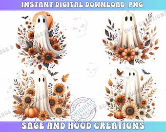 Halloween PNG, Spooky Ghost, Autumn sublimation design, Fall PNG, Pumpkins, leaves PNG, Watercolor Sublimation, Instant download, Ghouls