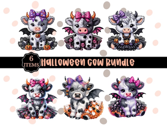 Cute Halloween Cow PNG Bundle, Ghost, Bats (Digital Download)
