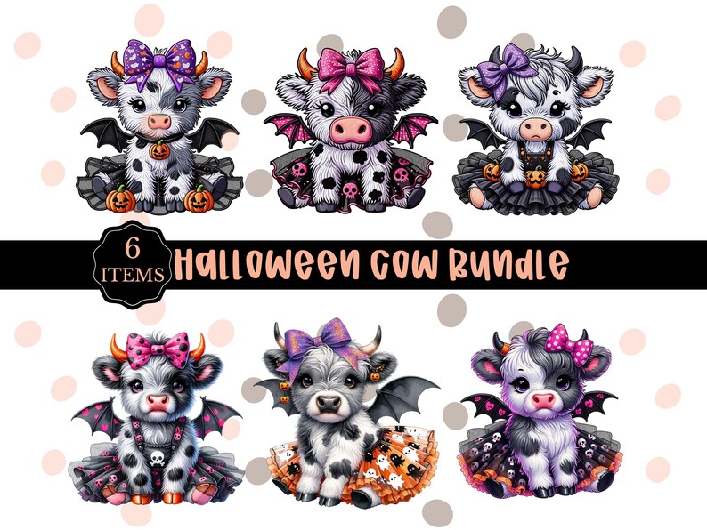 Cute Halloween Cow PNG Bundle, Ghost, Bats (Digital Download) image 1