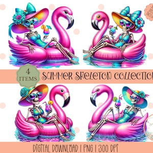 May include: Four digital illustrations of skeletons on pink flamingo pool floats. Each skeleton is wearing a colorful hat and sunglasses and holding a cocktail. The illustrations are set against a white background.