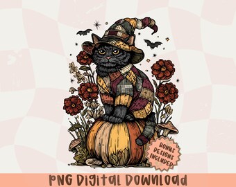 Halloween Black Cat Pumpkin PNG: Patchwork Witch Hat, Floral Fall Design (Digital Download