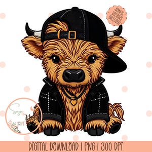 Süße Highland Kuh PNG, künstliche gestickte Kuh Clipart, Bauernhof Tier Kunst, entzückende Baby Kuh Aufkleber, Bauernhausdekor, digitaler Download, Kuh DTG
