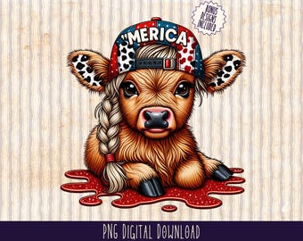 July 4th Highland Cow PNG,Merica Heifer Funny Cute Baby Cow Fourth Of July Sublimation Design,Trendy America USA Popular PNG,4th of July Png