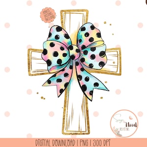 May include: A gold cross with a large, colorful bow with black polka dots. The bow is tied in a knot at the center of the cross.