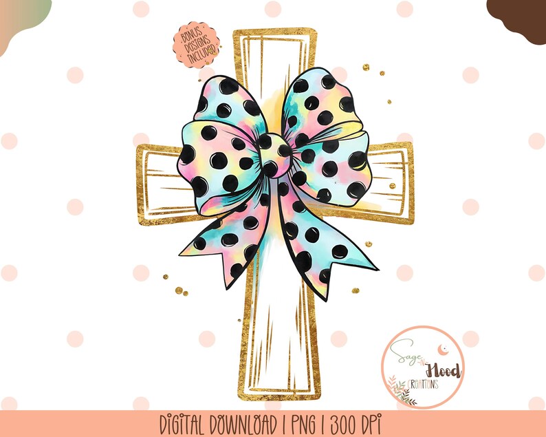 May include: A gold cross with a large, colorful bow with black polka dots. The bow is tied in a knot at the center of the cross.