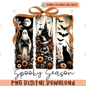 May include: A digital illustration with a Halloween theme. It features three vertical panels with a ghost, a witch, and a black cat. The panels are decorated with pumpkins, bats, and a full moon. The text "Spooky Season" and "PNG Digital Download" are also included.