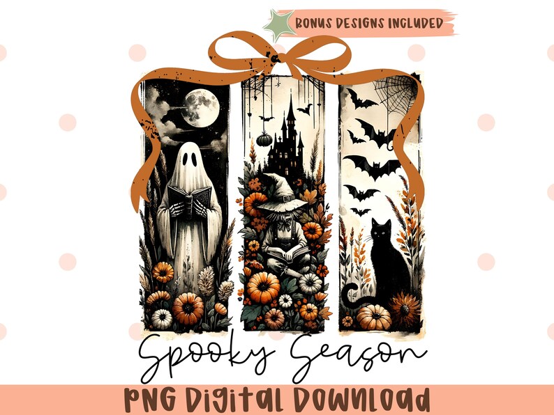 May include: A digital illustration with a Halloween theme. It features three vertical panels with a ghost, a witch, and a black cat. The panels are decorated with pumpkins, bats, and a full moon. The text "Spooky Season" and "PNG Digital Download" are also included.